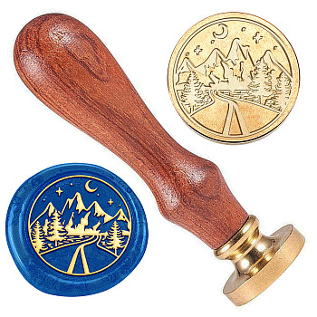 Golden Tone Brass Wax Seal Stamp Head with Wooden Handle, for Envelopes Invitations, Gift Card, Tree, 83x22mm, Stamps: 25x14.5mm