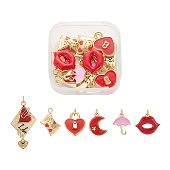 12Pcs 6 Style Real 18K Gold Plated Brass Enamel Pendants, Long-Lasting Plated, with Jump Ring, Valentine's Day, Lip & Heart Lock & Umbrella & Candy & Moon & Rhombus, Mixed Color, 13.6~29x11~16x1.5~3mm, Hole: 1.5~3.3mm, 2pcs/style