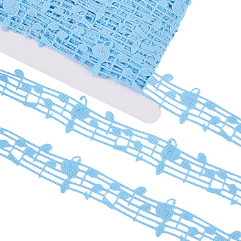 20 Yards Polyester Musical Note Lace Trim Ribbon, Garment Accessories, Sky Blue, 1-1/8 inch(28mm)