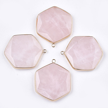Natural Rose Quartz Pendants, with Brass Findings, Faceted, Hexagon, Golden, 44~45x36~37x5~6mm, Hole: 2mm