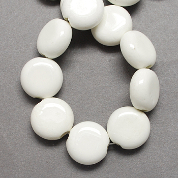 Handmade Porcelain Beads, Bright Glazed Porcelain, Flat Round, White, 21x20x8.5~12mm, Hole: 3mm