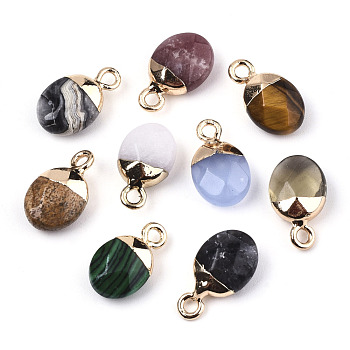 Glass/Natural & Synthetic Gemstone Charms, Top Light Gold Plated, with Iron Loop, Oval, Faceted, Mixed Dyed and Undyed, Mixed Color, 14~15x8x5mm, Hole: 1.8mm