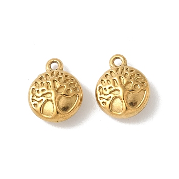 304 Stainless Steel Charms, Ion Plating(IP), Flat Round with Tree of Life Charm, Real 18K Gold Plated, 12.5x10x4.5mm, Hole: 1.2mm