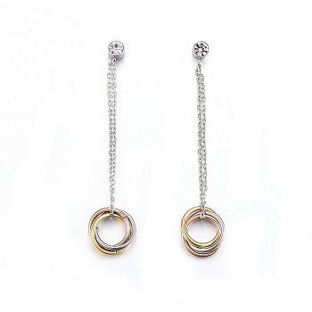304 Stainless Steel Dangle Stud Earrings, with Rhinestone, Rings, Stainless Steel Color, 53x10x3.5mm, Pin: 0.8mm
