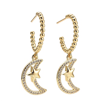 C-Shape with Moon Cubic Zirconia Dangle Stud Earrings, Brass Half Hoop Earrings for Women, Golden, 38x19.5mm, Pin: 0.7mm