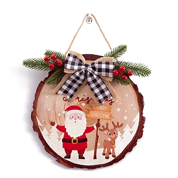 Christmas Wreath Wood Tartan Bowknot Hanging Welcome Sign, for Front Door Decoration, Deer, 300x5mm