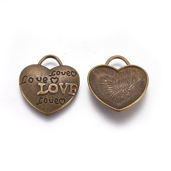 Tibetan Style Alloy Pendants, Heart with Word Love, For Valentine's Day, Cadmium Free & Nickel Free & Lead Free, Antique Bronze, 23.5x21x2.5mm, Hole: 6mm