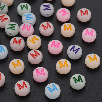 Acrylic Beads, Glow in the Dark, with Enamel and Luminous, Horizontal Hole, Flat Round with Alphabet, Letter.M, 6.5x7x4mm, Hole: 1.6mm, about 3600pcs/500g
