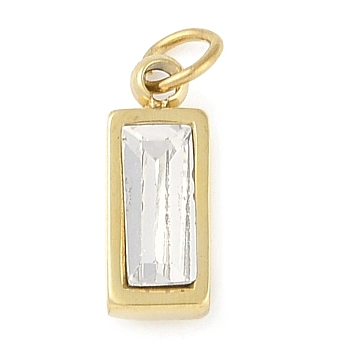 Glass Pendants, with Ion Plating(IP) 304 Stainless Steel Findings, Manual Polishing, with Jump Ring, Rectangle Charms, Real 18K Gold Plated, Clear, 11x4x3.5mm, Hole: 2.5mm