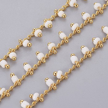 3.28 Feet Handmade Seed Beaded Chains, Soldered, with Real 18K Gold Plated Brass Findings, White, 1.8~2.5mm