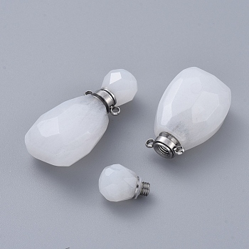 Faceted Natural White Jade Openable Perfume Bottle Pendants, with Stainless Steel Color Tone 304 Stainless Steel Findings, 36.5~37x18~18.5x13.5mm, Hole: 1.8mm, Bottle Capacity: 1ml(0.034 fl. oz)