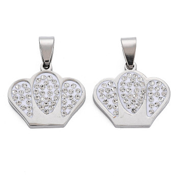201 Stainless Steel Pendants, with Crystal Rhinestone and Stainless Steel Snap On Bails, Crown, Stainless Steel Color, 20x22x3mm, Hole: 4x8mm
