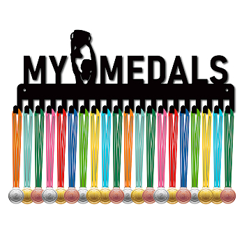 Iron Medal Holder Frame, 20 Hooks Medals Display Hanger Rack, with Screws, Black, Word, 150x400mm, Hole: 5mm