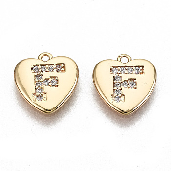 Brass Micro Pave Clear Cubic Zirconia Charms, Nickel Free, Real 18K Gold Plated, Flat Heart, Letter.F, 10x10x1mm, Hole: 1mm