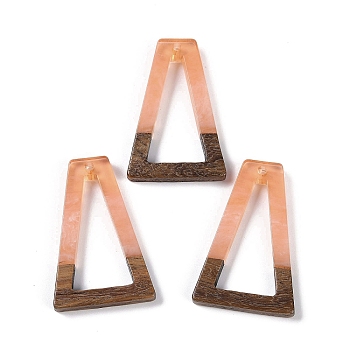 Resin & Wood Pendants, Hollow Triangle Charms, Light Salmon, 38x24.5x3.5mm, Hole: 2mm