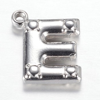 201 Stainless Steel Charms, Letter E, Stainless Steel Color, 15x13x3.2mm, Hole: 1.2mm