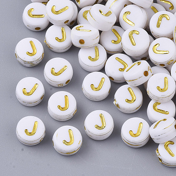 Plating Acrylic Beads, Golden Metal Enlaced, Horizontal Hole, Flat Round with Alphabet, White, Letter.J, 7x3.5mm, Hole: 1.2mm, about 3600pcs/500g