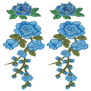 4Pcs 2 Styles Polyester Embroidery Sewing Ornaments, DIY Costume Accessories, Flower, Mixed Color, 78~305x105~107x3~5.5mm, 2pcs/style