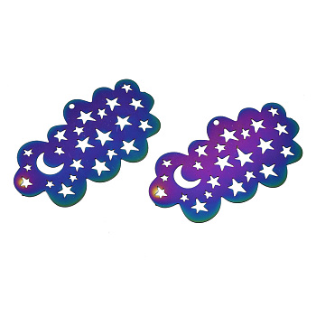 Ion Plating(IP) 201 Stainless Steel Filigree Pendants, Etched Metal Embellishments, Cloud with Moon & Star, Rainbow Color, 23.5x41.5x0.2mm, Hole: 1.2mm