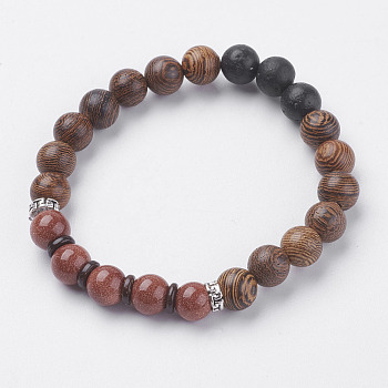 Natural Lava Rock & Wenge Wood Beads & Coconut Stretch Bracelets, with Synthetic Goldstone and Alloy Findings, 2 inch(5~5.2cm)