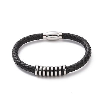 Black Leather Braided Cord Bracelet with 304 Stainless Steel Magnetic Clasps, 201 Stainless Steel Beaded Punk Wristband for Men Women, Stainless Steel Color, 8-5/8 inch(22cm)