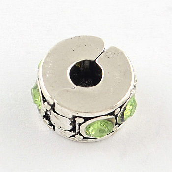 Brass Rhinestone European Clasps, Column, Antique Silver, Peridot, 10~11x5~6mm, Hole: 3~4mm
