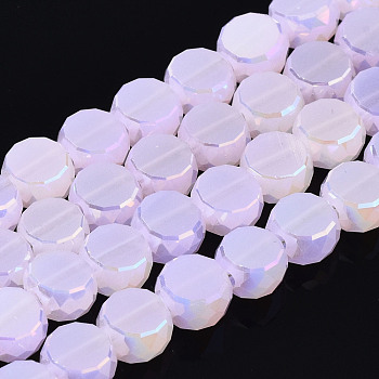 Electroplate Transparent Glass Beads Strands, AB Color Plated, Imitation Jade Glass, Faceted, Flat Round, Lavender, 5.5x6x3.5mm, Hole: 1.2mm, about 98~100pcs/strand, 20.87~21.26 inch(53cm~54cm)
