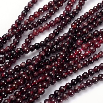 Gemstone Beads Strands, Red Garnet, Grade B, Round, Dark Red, about 4mm in diameter, hole: about 0.8mm, 15~16 inch