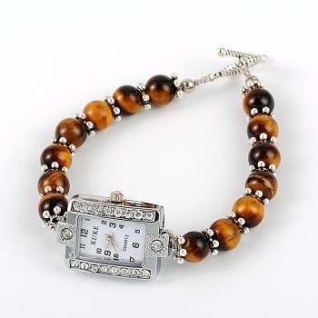 Rectangle Alloy Rhinestone Electronic Watch Bracelets, with Tiger Eye and Tibetan Style Toggle Clasps, Platinum, 195mm