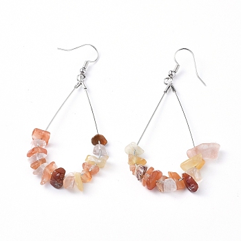 Dangle Earrings, with Natural Carnelian Chips, Platinum Plated Brass Earring Hooks and teardrop, Pendants, 71~75mm, Pendant: 53.5~59mm, Pin: 0.5mm