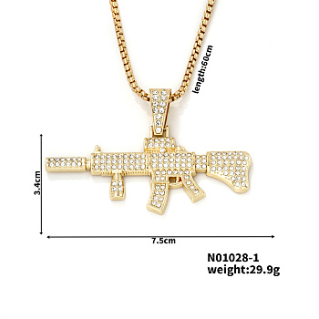 Trendy Hip-hop Alloy Crystal Rhinestone Box Chain Hand Gun Pendant Necklaces, Golden, 23.62 inch(60cm)