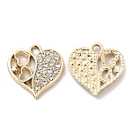 UV Plating Alloy Pendants, with Crystal Rhinestone, Heart Charms, Golden, 18.5x18x2.5mm, Hole: 2mm(X-ALRI-M020-27G)