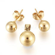 304 Stainless Steel Jewelry Sets, Ball Stud Earrings and Pendants, with Ear Nuts, Golden, 10mm, Hole: 5mm, 17mm, pin: 1mm(X-SJEW-G075-01G-01)