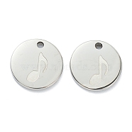 304 Stainless Steel Charms, Flat Round with Music Note, Stainless Steel Color, 11.5x1mm, Hole: 1.5mm(STAS-P280-06P)