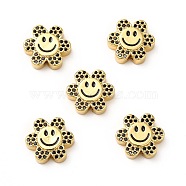 Rack Plating Brass Cubic Zirconia Beads, with Enamel, Real 18K Gold Plated, Long-Lasting Plated, Cadmium Free & Lead Free, Flower with Smiling Face, Black, 13x14x5mm, Hole: 1.5mm(KK-M232-01G-B)