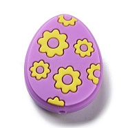Easter Egg with Flower Silicone Beads, Violet, 29.5x23x9.5mm, Hole: 2.5mm(SIL-R014-06C)