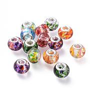 Spray bemalte Glasperlen europäischen, mit versilberten Messingkernen, Großloch perlen, Rondell, Mischfarbe, 14~15x9.5~11 mm, Bohrung: 5 mm(GPDL-R004-M1)