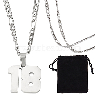 1Pc 304 Stainless Steel Figaro Chain Number Pendant Necklaces, 1Pc Rectangle Velvet Pouches, Stainless Steel Color, 24.21 inch(61.5cm), Pendant: 18.5x19mm(NJEW-BBC0001-28B-P)