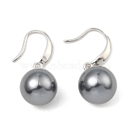Shell Pearl Round Beaded Dangle Earrings, Rhodium Plated 925 Sterling Silver Earrings, Real Platinum Plated, 29x12~12.5mm(EJEW-Z024-04P)