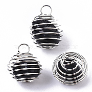 Iron Wrap-around Spiral Bead Cage Pendants, with Natural Obsidian Beads inside, Round, Platinum, 21x24~26mm, Hole: 5mm(IFIN-R239-01P)