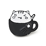 Coffee Cup Cat Enamel Pin, Electrophoresis Black Plated Alloy Badge for Backpack Clothes, White, 21x24.5x2mm(JEWB-H009-01EB-09)