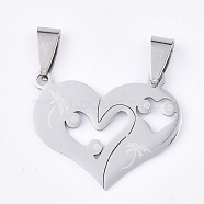 201 Stainless Steel Split Pendants, for Lovers, Heart with Heart, Stainless Steel Color, 24x29x1mm, Hole: 8x4mm(STAS-T048-23)