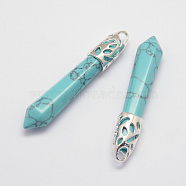 Synthetic Turquoise Big Pointed Pendants, with Alloy Findings, Bullet, Platinum, 57~63x13x10mm, Hole: 3x4mm(G-D860-C08-P)
