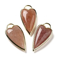 Natural Strawberry Quartz Pendants, Rack Plating Brass Heart Charms, Golden, 38x19x7.3~7.8mm, Hole: 4.7x6.5mm(G-K347-01G-05)