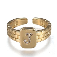 Brass Micro Pave Clear Cubic Zirconia Cuff Rings, Open Rings, Cadmium Free & Lead Free, Rectangle, Golden, Letter.J, US Size 6 1/4, Inner Diameter: 16.8mm(RJEW-H538-02G-J)