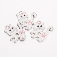 Alloy Enamel Kitten Pendants, Cadmium Free & Lead Free, with Rhinestone, Cat with Flower Shape, Platinum, White, about 25.5mm long, 24mm wide, 2mm thick, hole: 2mm(X-EA556Y-1)