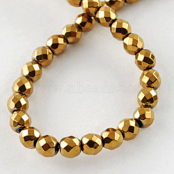 Non-magnetic Synthetic Hematite Beads Strands, Grade A, Faceted, Round, Golden Plated, 2x2mm, Hole: 1mm(G-Q890-2mm-3)