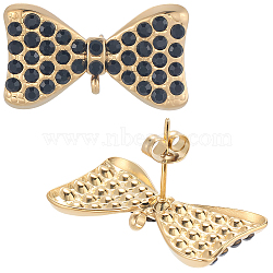 8Pcs 304 Stainless Steel Stud Earrings Findings, with Rhinestone, Ion Plating(IP), Bowknot, Black, 10Pcs 304 Stainless Steel Ear Nuts, Real 18K Gold Plated, 16x27.5mm, Hole: 1.6mm, Pin: 11.5x0.7mm(EJEW-BBC0001-87)