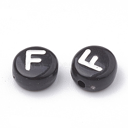 Opaque Acrylic Beads, Horizontal Hole, Alphabet Style, Flat Round, Letter.F, 7x4mm, Hole: 1.5mm, about 3700pcs/500g(SACR-N002-02F)