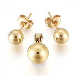 304 Stainless Steel Jewelry Sets, Ball Stud Earrings and Pendants, with Ear Nuts, Golden, 10mm, Hole: 5mm, 17mm, pin: 1mm(X-SJEW-G075-01G-01)